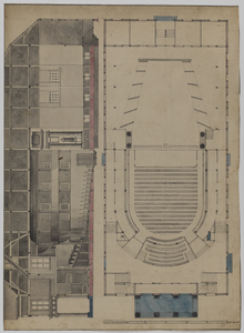 214930 Plattegrond en doorsnede van de schouwburg op het Vredenburg te Utrecht.